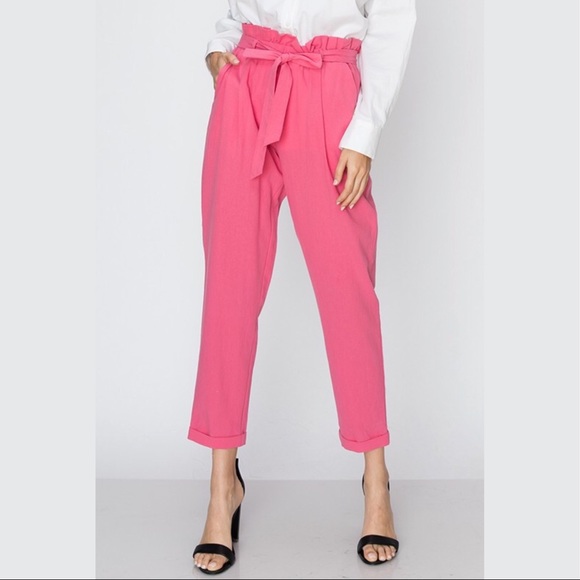 Last ☝️Pink Work Pants W PaperBag Waist Trouser - Picture 5 of 7